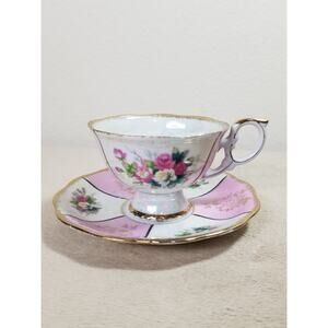 LIPPER & MANN Japan Teacup Saucers Bone China White Pink Gold Trim Japan Vintage
